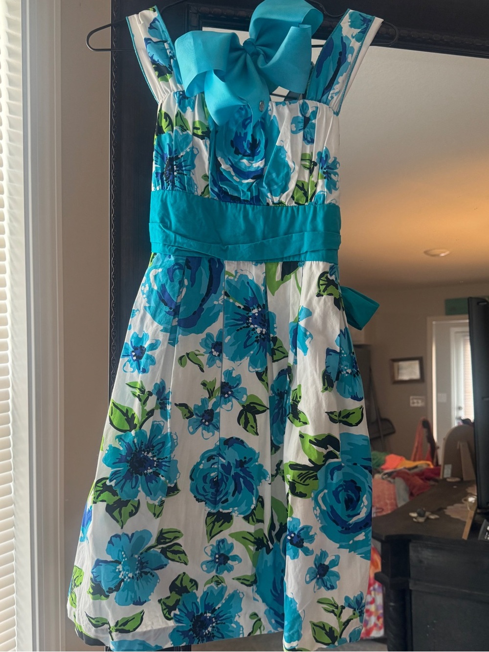 My Michelle White Dress with Turquoise Floral Print and Teal Sash